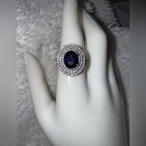 Vintage Art Deco Lab Blue Sapphire Ring, 3.5ct Oval Cut Signed Ring, size 9